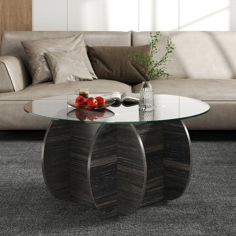 Table Basse Ronde de 89cm Table d'Appoint avec Plateau en Verre Trempé Base en Bois Massif Compartiment de Rangement Caché Charge 100kg Noir (1/3)
