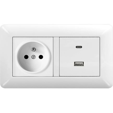 Prise Murale Française Type E 16A avec USB-A & USB-C, Modèle 146 Encastré, Plaque Verre Blanc Brillant pour Maison et Bureau