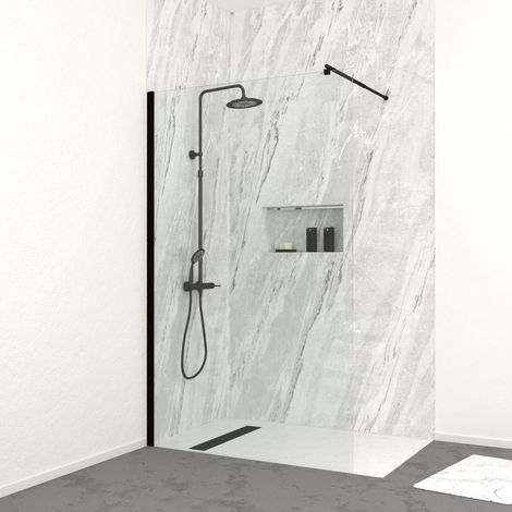 Mampara ducha120cm - Vidrio 8mm - Perfil + Barra extensible + Columna de ducha mecánica NEGRO MATE