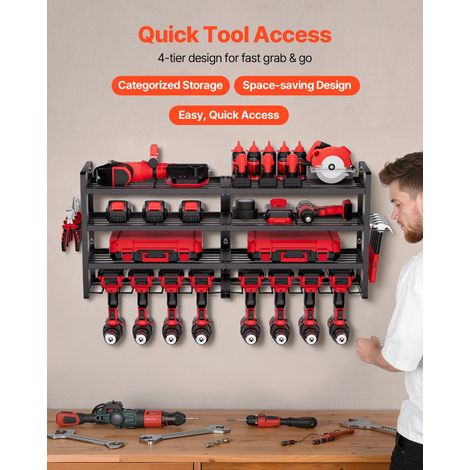 Organiseur mural pour outils électriques, support de rangement à 4 niveaux avec 8 emplacements, porte-outils avec support de tournevis, étagère à outils pour garage, établi et atelier, noir (1/5)