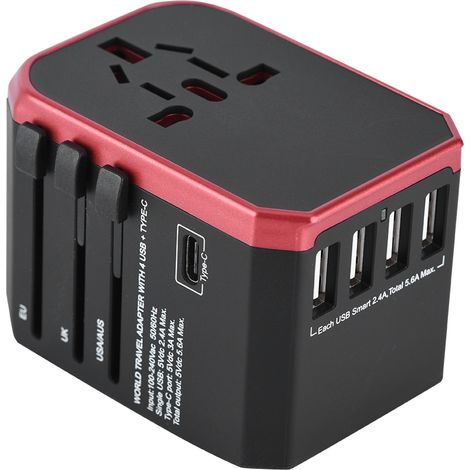 Universeller Reiseadapter mit 4 USB-Anschlüssen und Typ-C-Buchsen – kompatibel mit US/AU/GB/EU (Rot) (1/5)