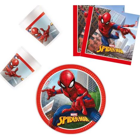 Juego de vajilla de papel para niños con temática de Spiderman para fiestas de cumpleaños.