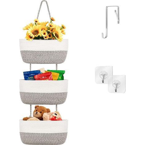 Over-the-door hanging storage basket shelves, rope fabric wall hanging organizer, removable 3-tier for bedroom, bathroom, nursery, home decor (1/5)