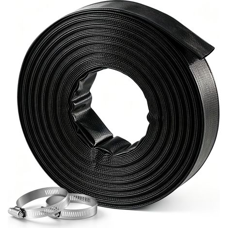 VEVOR Tuyau Refoulement Plat 38,1 mm 30,48 m Tuyau Plat Evacuation PVC Noir pour Vidange Piscine, Irrigation Agricole, Compatible Pompe a Eau/Filtre a Sable/Submersible, 6,2 bar, avec Colliers Serrage (1/5)