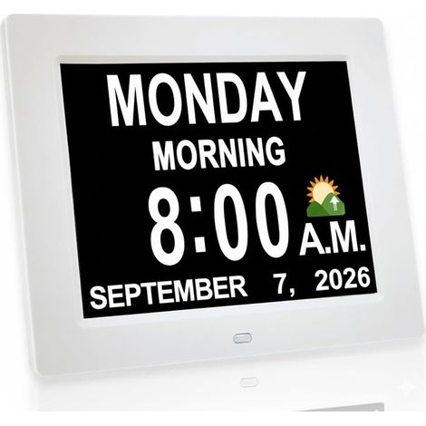 Horloge numérique Grand écran avec Calendrier pour Seniors, icônes Soleil et Lune, Heure d'été Automatique, Mode Nuit avec Gradation, Affichage Multicolore, Facile à Lire (7 Pouces, Blanc) (1/5)