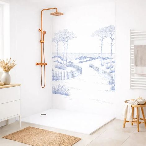 Lot de 2 panneaux de douche en aluminium (90x220 & 120x220 cm) + profilés blanc - Les Landes - Bleu et blanc (1/5)