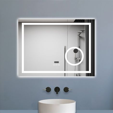 Aica Miroir de salle de bain LED 100x60cm tricolore anti-buée + loupe + bluetooth + horloge + mémoire + dimmable