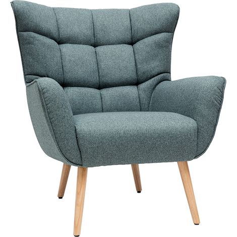 Miliboo – Fauteuil relax scandinave en tissu polyester vert de gris – Dossier capitonné et accoudoirs larges – Piètement en hévéa massif (1/7)