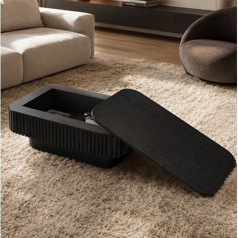 REDOM Couchtisch 98x55x40 cm, abnehmbare Klappplatte, versteckter Stauraum, Massivholz und MDF, Schwarz (1/5)