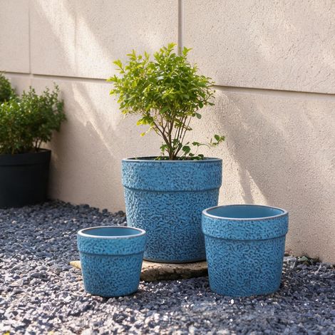 Set de 3 pots de fleurs en céramique bleu antique avec glaçure (1/5)