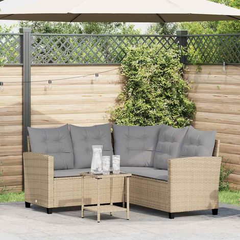 Gartensofa in L-Form mit Tisch und Kissen Beige Poly Rattan