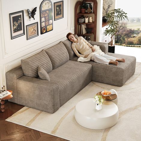 Canapé d'angle en L 241 cm, canapé 3 places en velours côtelé, canapé convertible modulable,méridienne à droite, camel