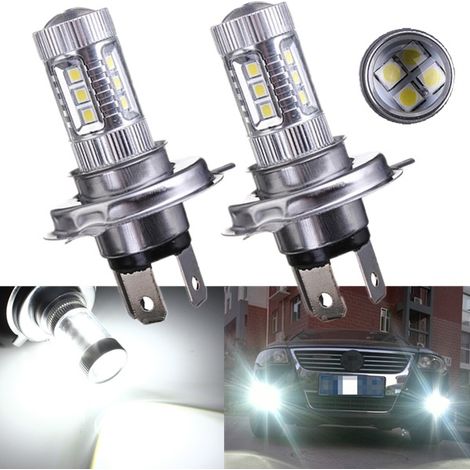 LED-Scheinwerferlampen (Fern- und Abblendlicht) H4 80W, Nebelscheinwerfer (reinweißes Licht, ultrahelle Autoscheinwerferlampen mit Linsen, 2 Stück)
