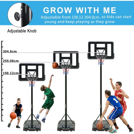 Panneau de basket extérieur réglable 198-305 cm, idéal enfant et adulte, planche PVC, filet anti-UV, pied tripode avec roues pivotantes. (1/5)