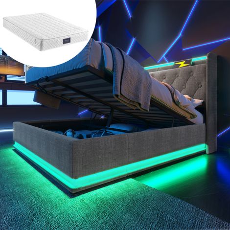 Lit double 140x200 – LED 360° – Lin gris – Coffre hydraulique – USB-C – Avec matelas (1/5)