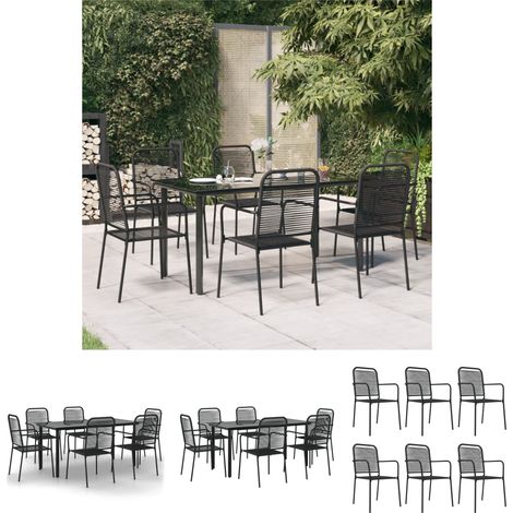 Gartenstühle - vidaXL 7-tlg. Garten-Essgruppe Schwarz Baumwollseil und Stahl - Gartenstuhl (1/5)