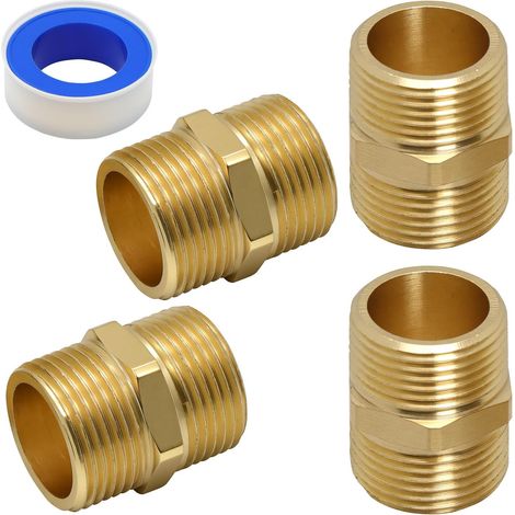 4 Pcs Raccords Double Connecteur 3/4 Pouces, Manchon de Réduction en Laiton Filetage Mâle 3/4 Pouce, Raccords de tuyauterie pour chauffage et plomberie, avec bande PTFE (1/5)