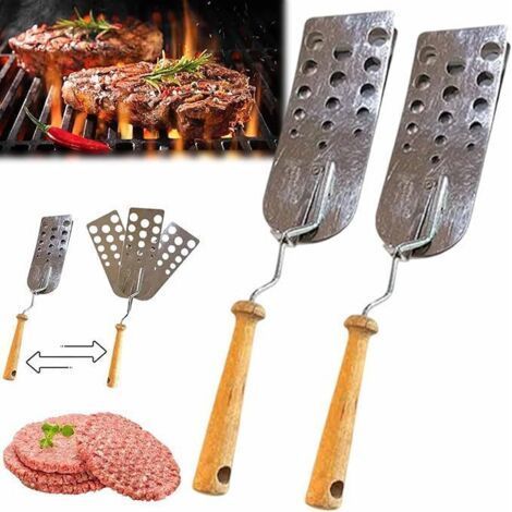 Lot de 2 Spatule à retourner les hamburgers Creative 3, construction en acier avec manche en bois, spatule résistante à la chaleur pour griller et cuisiner (1/5)
