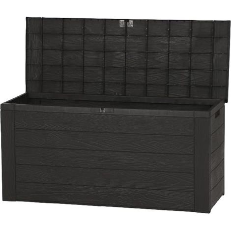 Garten KIssenbox für Auflagen in Holz Optik - ca. 120 x 58 x 48 cm - Kunststoff Auflagenbox mit Deckel 300 Liter anthrazit/braun - Garten Truhe Box