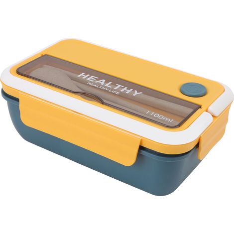 Boîte à lunch isotherme portable de grande capacité (1100 ml), étanche, idéale pour les salades au bureau (bleu/jaune). (1/5)