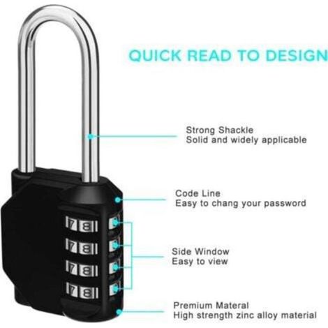 Cadenas code anse longue exterieur pour portail, abri de jardin, 4 chiffres grande Cadena a combinaison long pour casier vestiaire s (1/4)