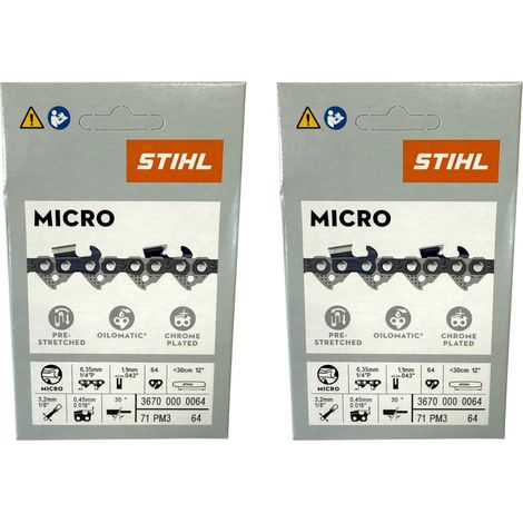 Stihl 2x 1/4" Picco Micro 3 (PM3) chaîne de scie 30 cm 1/4" P 1,1 mm 64 TG 2 pièces ( 2x 36700000064 )