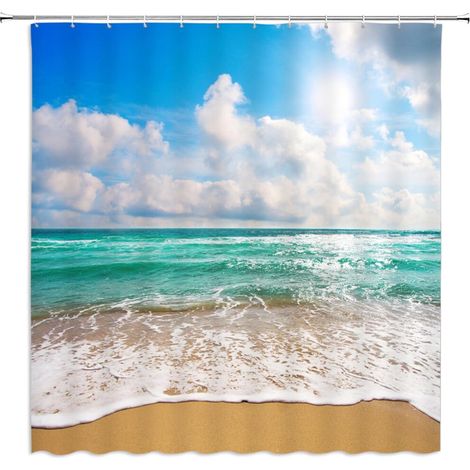 Duschvorhang mit Meeresstrandmotiv, blauem Himmel, tropischen Wellen, weißen Wolken und hawaiianischer Sommerlandschaft, inklusive Kunststoffhaken.