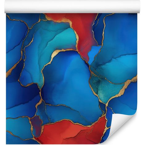 Papier peint bleu encre, turquoise et rouge pour salon et chambre 50x1000 cm (1/5)