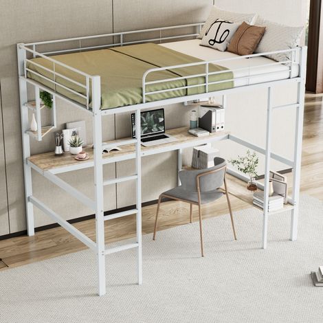 Cama Alta 140x200 Cm Escritorio Y Baldas Metal Blanco