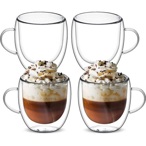 Ensemble de 4 tasses à café en verre à double paroi, avec anse, isothermes et transparentes. (1/4)