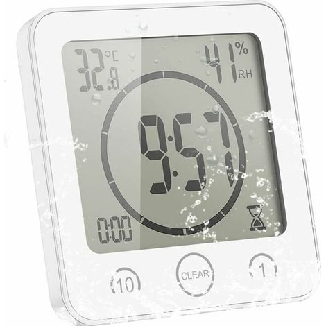 Horloge de Salle de Bain, Alarme Numérique LCD avec Horloge de Douche Tactile étanche, Humidité de la Température, Compte à Rebours, 3 Méthodes de Montage, Alimentation par Batterie (Blanc) (1/4)