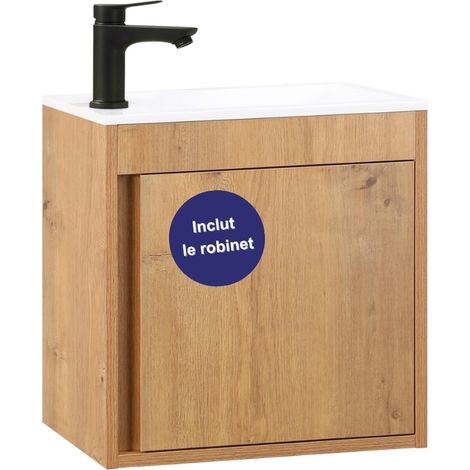 Kometmöbel Meuble Lave-Mains Suspendu 50cm avec Meuble Sous-Vasque pour Petits Espaces (Chêne 50cm, Avec Robinet Noir) (1/5)