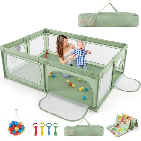 COSTWAY 205 x 147cm Baby Laufstall mit 50 Bällen & 2 Türen, Laufgitter mit atmungsaktivem Netz und Reißverschluss, Laufgitterzelt für Säuglinge und Kleinkinder(Grün) (1/5)