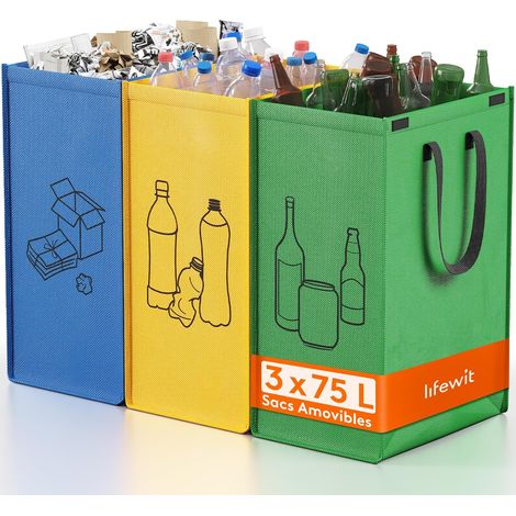 Lot de 3 Sac Tri Selectif, Systèmes de Tri des Déchets, Poubelles Recyclage de 3 Couleurs pour Papiers, Carton, Plastiques, Verre, Bouteilles, Bac de Tri pour Cuisine, Exterieur, 75 L (1/5)