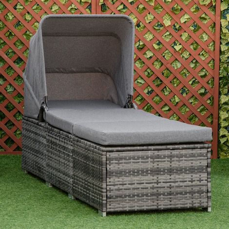 Bain de soleil 195x65x40 cm gris en rotin PE, avec baldaquin, dossier inclinable et coussins (1/5)