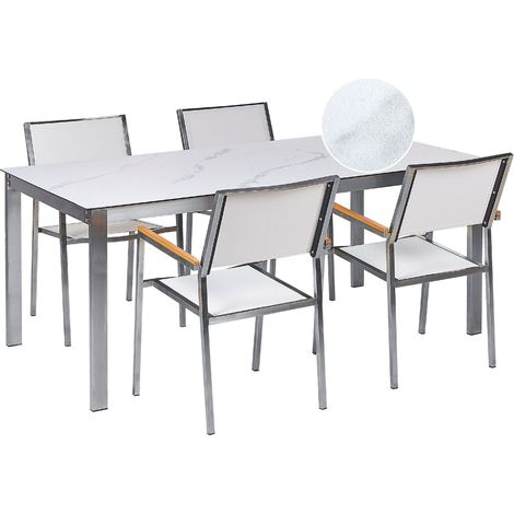 Set da giardino con 4 posti in acciaio inox con tavolo piano in vetro effetto marmo e Sedie in tessuto bianco Cosoleto/Grosseto