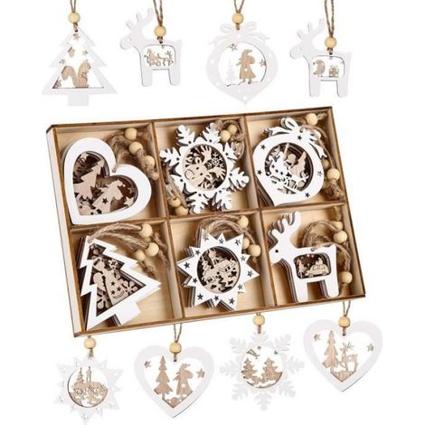 24 Décoration Sapin Noël, Bois Naturel, 6 Styles, 7 cm, A Suspendre, Intérieur Extérieur (1/3)