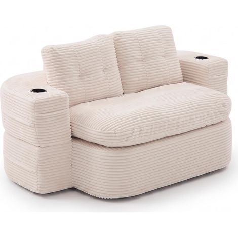 FurnitureR Canapé-Lit Beige 2 Places en Velours Côtelé avec Porte-Gobelets, Canapé 2 places convertible en couchage, avec accoudoirs amovibles, deux porte-gobelets et poches latérales. (1/5)
