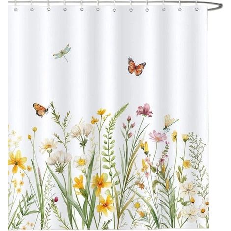 Rideau de douche fleuri 180x180cm, papillons et fleurs sauvages jaunes et blanches, polyester imperméable, décoration de salle de bain (1/5)