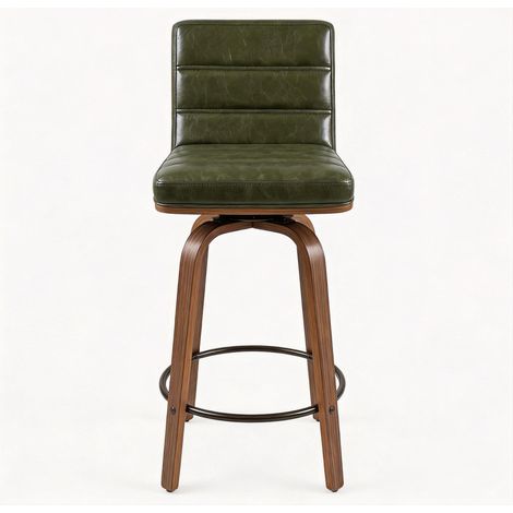 Taburete giratorio de bar con tapicería de piel sintética y patas de madera curvadas, silla giratoria de 360° para cocina, bar y mostrador. (1/5)