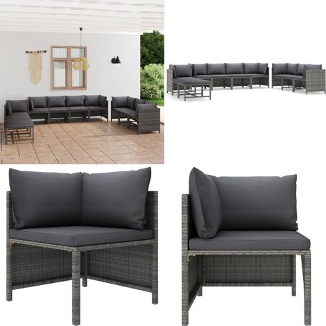 Salon de jardin 10 pcs avec coussins Résine tressée Gris - Salon De Jardin - Mobilier De Jardin - Ensemble De Salon - Meubles De Jardin - Résine Tressée - Home & Living