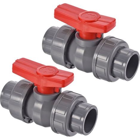 Vanne à bille à double union de 32 mm de diamètre intérieur, lot de 2, vanne d'arrêt à emboîtement en PVC, grise (1/5)