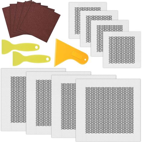Outil de réparation murale — Outils de réparation d'écran mural, 8 feuilles de plaques de plâtre pour cloison sèche, 3 raclettes en plastique vert, 5 papiers abrasifs (1/5)