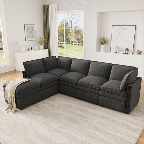 Sofá modular XXL de 6-7 plazas con chaise longue móvil, tejido chenilla, gris, 344 cm (1/5)