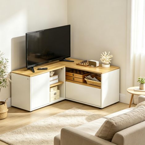 Meuble TV d'angle en L 90x90x45 cm en panneaux de bois blanc, gain de place pour salon FloraGrace (1/5)
