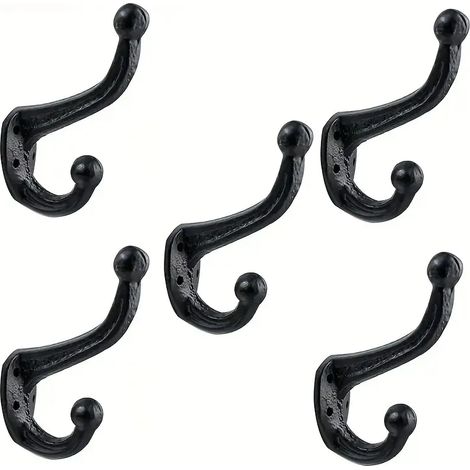 Set mit 5 schwarzen Wandhaken aus Gusseisen  Doppelhaken-Design  Antikschwarz  Vintage-Dekor  Aufbewahrung für Kleidung und Hüte