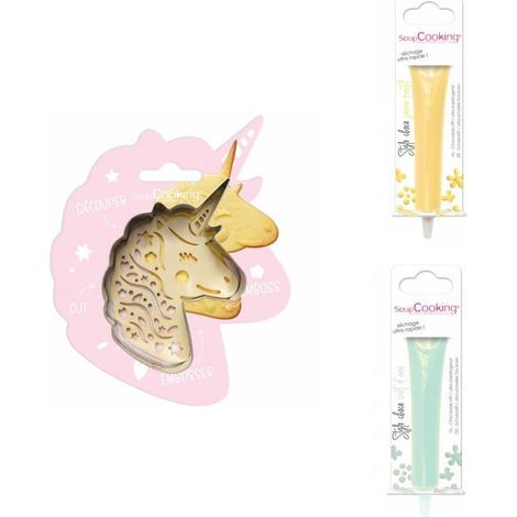 Kit pour biscuit en relief Licorne + 2 Stylos au chocolat jaune pastel et vert d'eau