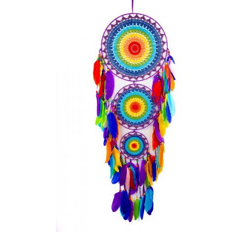 Grand attrape-rêves arc-en-ciel - Attrape-rêves en macramé de plumes - Style bohème Ibiza - Cadeau d'extérieur pour chambre d'enfant - Décoration pour chambre de fille - Plumes - Festival (1/3)