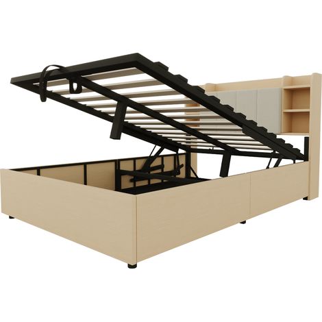 Cama canapé hidráulica 140 x 200 cm con puertos USB y Type-C, madera natural (1/5)
