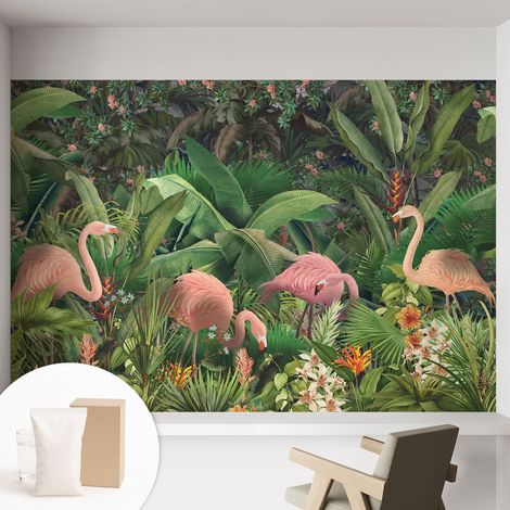 Papier peint intissé pour salon chambre à coucher peint imprimé pour mur - Colle incluse gratuite Flamants roses 152x104 cm (1/5)